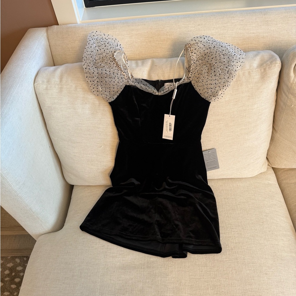 Petal & Pup Black Dress with Sheer Polka Dot Sleeves